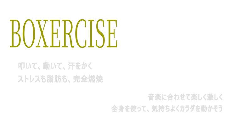 BOXERCISE
叩いて、動いて、汗をかく
ストレスも脂肪も、完全燃焼
音楽kに合わせて楽しく激しく
全身を使って、気持ちよくカラダを動かそう