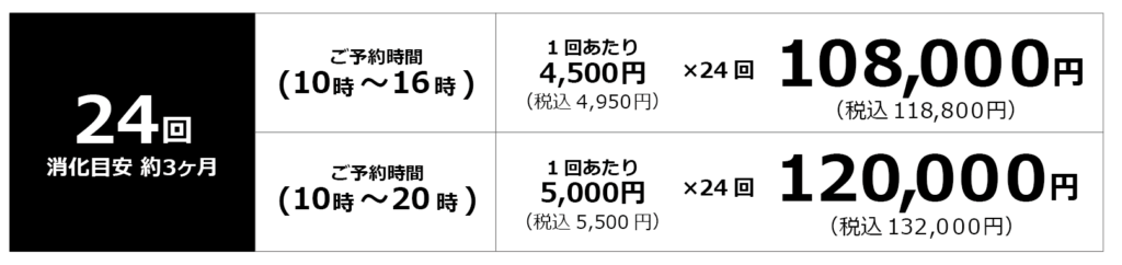 24回、消化目安3か月
10時‐16時:1回あたり4500円 合計108,000円
10時-20時:1回あたり5000円 合計120,000円